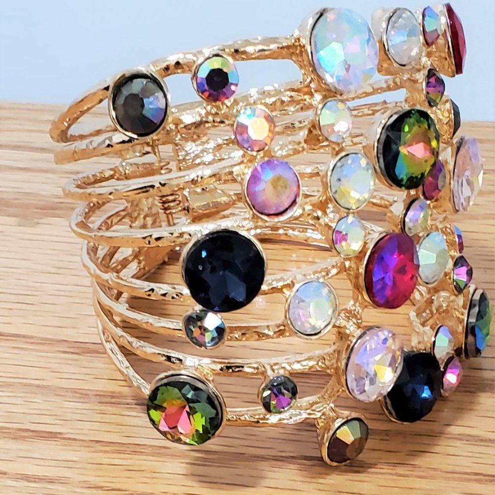 Multicolor Stone Embellished Hinged Cuff Bracelet - image 7